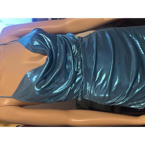 Super Down Shiny Blue Cowl Neck Midi Dress X Straps XS - Picture 3 of 8